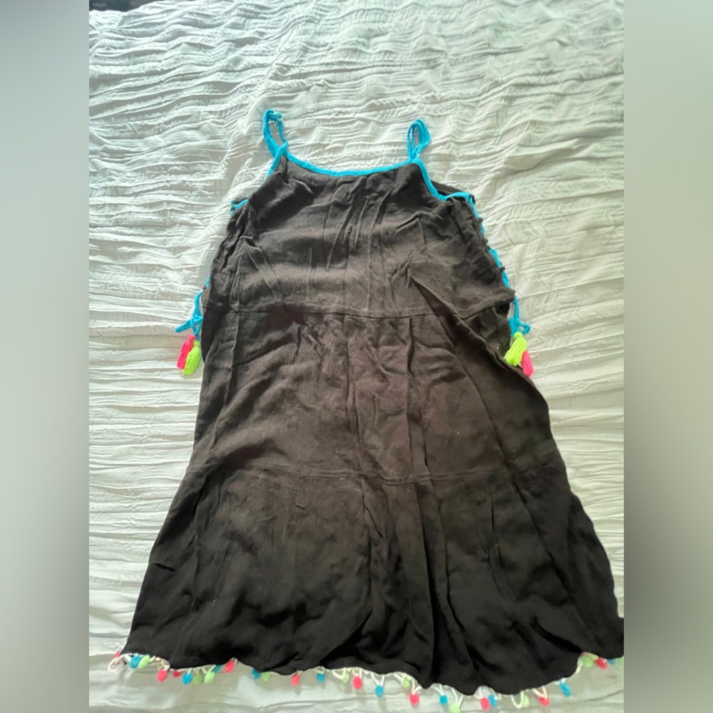 Black swim coverup with Blue Trim and Tassels and poms
